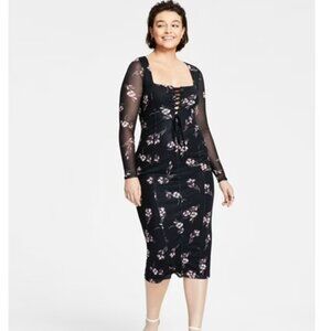 Bar lll Women's Black Floral Lace-Up Midi Dress in Size Large NWT
